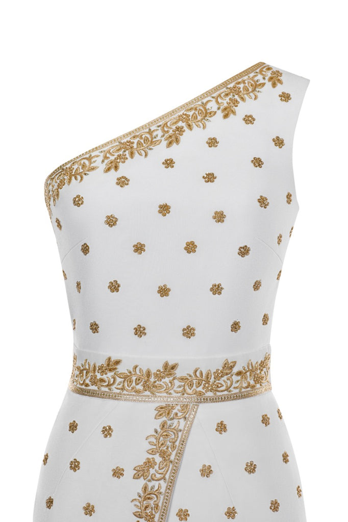 Victoire Tea-Length Dress with Embroidery Ivory with Gold Embroidery / US 8 Victoire Tea-Length Dress with Embroidery Ivory with Gold Embroidery / US 8