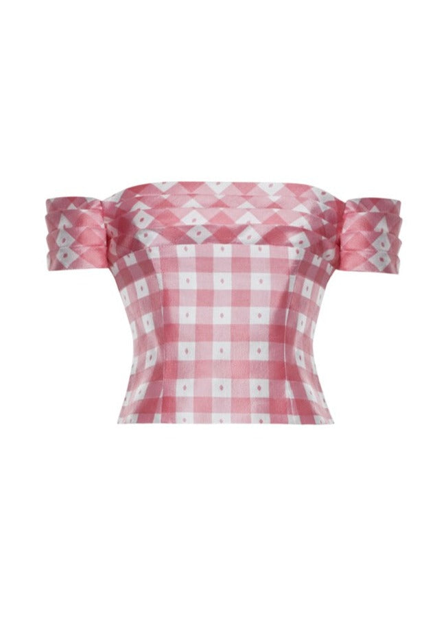 Casey Silk Gingham Off-Shoulder Crop Top