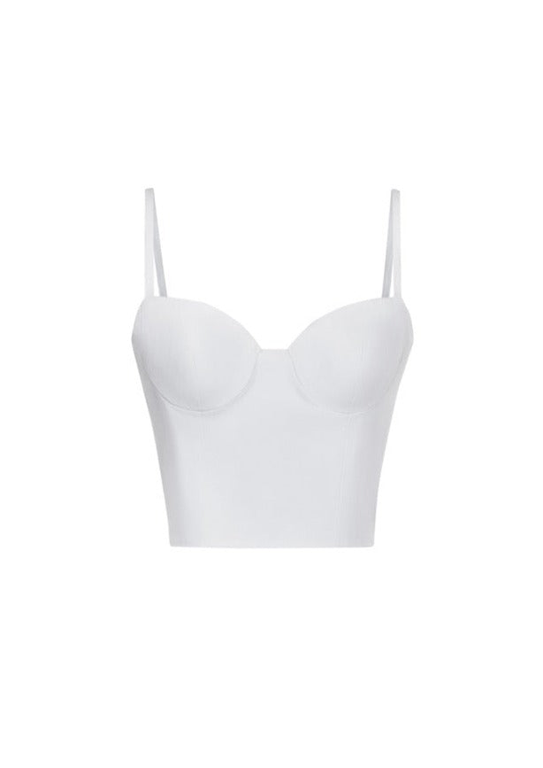 Front view of Kira Corset Crop Top in stark white with structured poplin bodice, underwire cups and thin straps