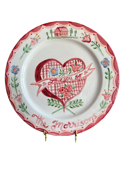 Hand-painted Love You So Platter with gingham heart and ‘Love you so’ banner, floral border, personalized ‘the Morrisons’