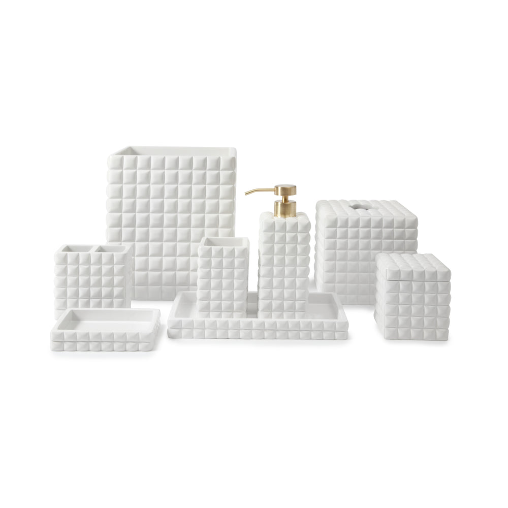 Front view of Piazza bath accessory set showcasing white gloss cube pattern on white background