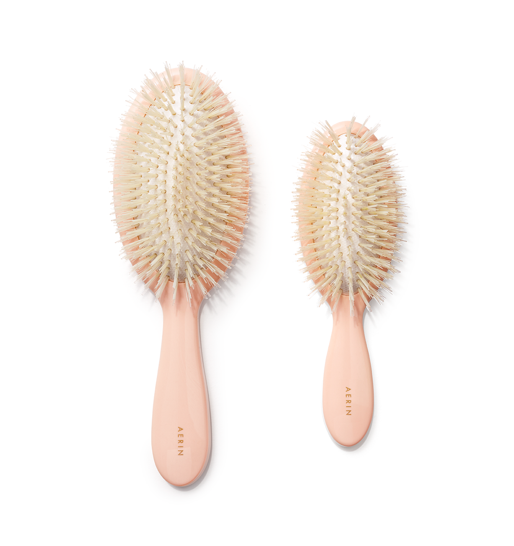 Top-down view of large and small pink pastel hair brushes showcasing boar and nylon bristles and acrylic handles on white background