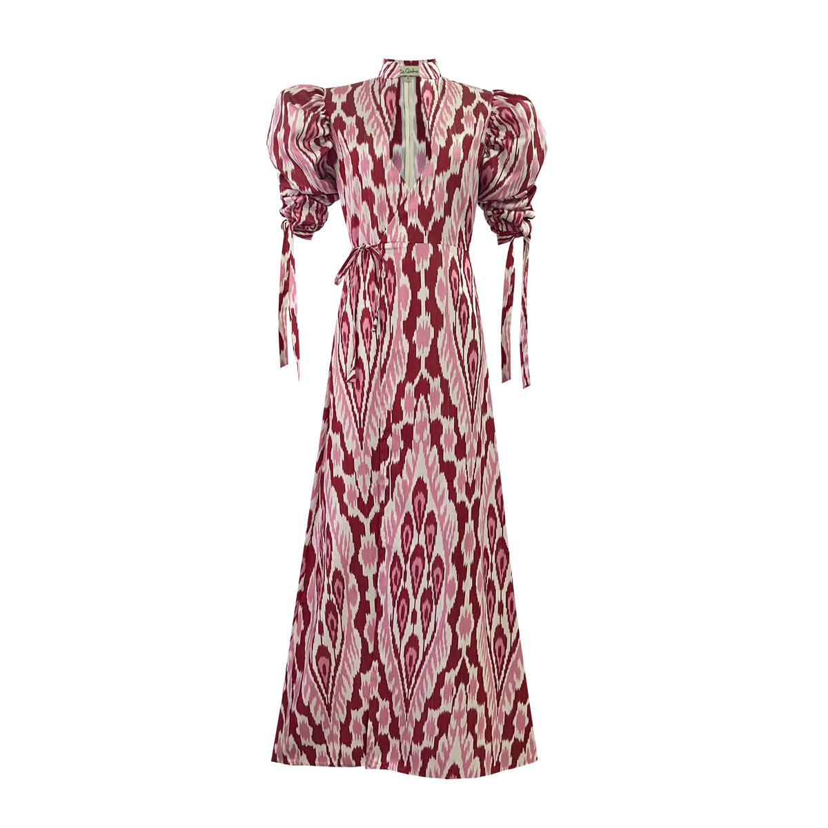 Front view of Pink Candela Dress with Uzbek hand-loom ikat print, deep geometrical neckline, gathered puff sleeves, white background