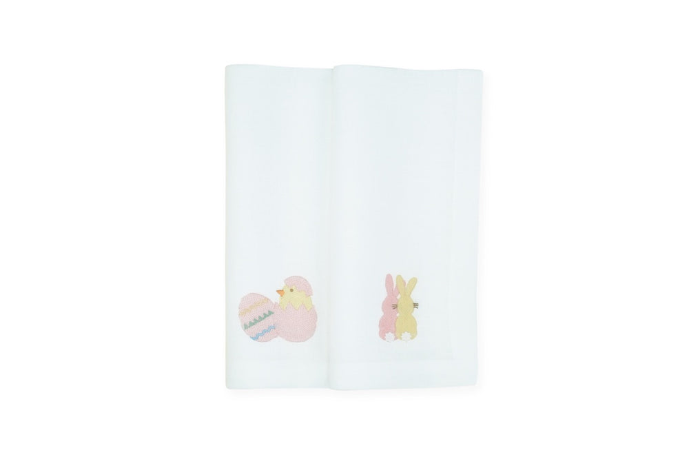 Folded view of Easter Chicks and Bunny linen napkin set of 2 showing embroidered pastel chick and bunnies on white background
