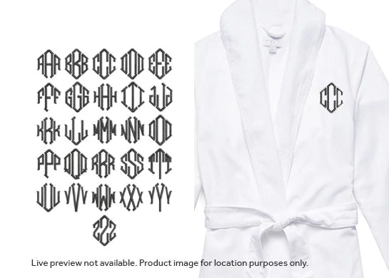Front view of white Contempo bathrobe showcasing embroidered three-letter monogram on left chest with monogram sample beside it
