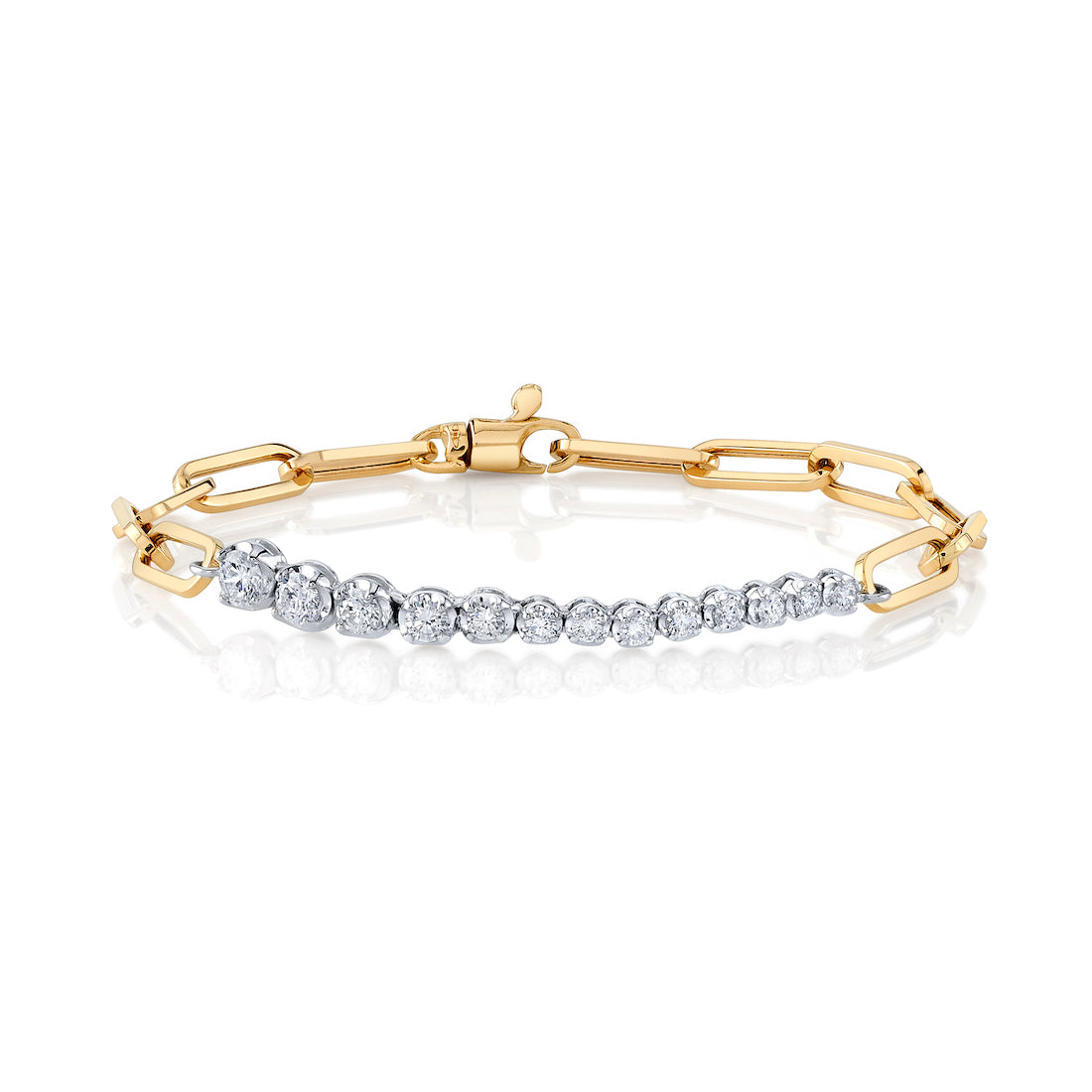 Front view of ascending diamonds on chain tennis bracelet showcasing rectangular gold links and diamonds on a white background