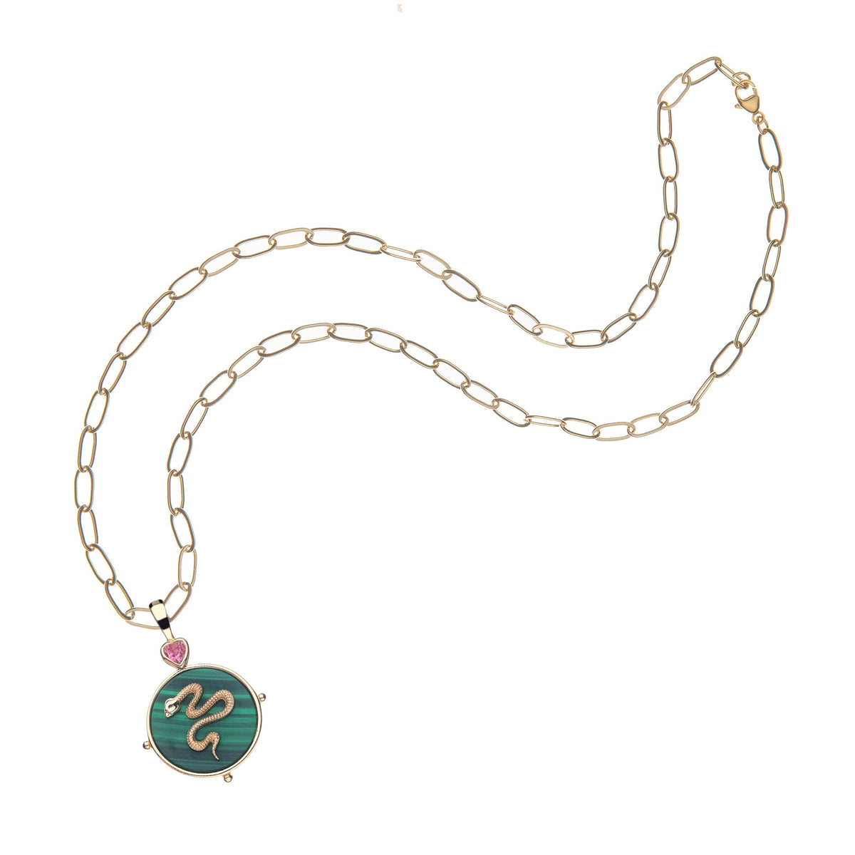 Flat lay of Protect Malachite pendant necklace showing round malachite disk, gold snake and pink heart on white background