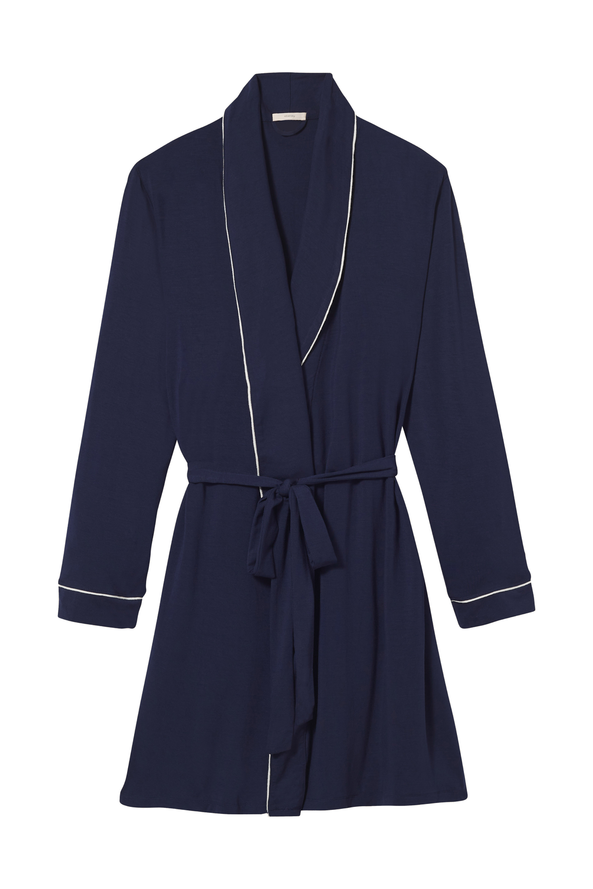 Front view of Gisele Tuxedo Robe in Navy and Ivory showcasing ivory trim, wrap front, and tie belt on light background