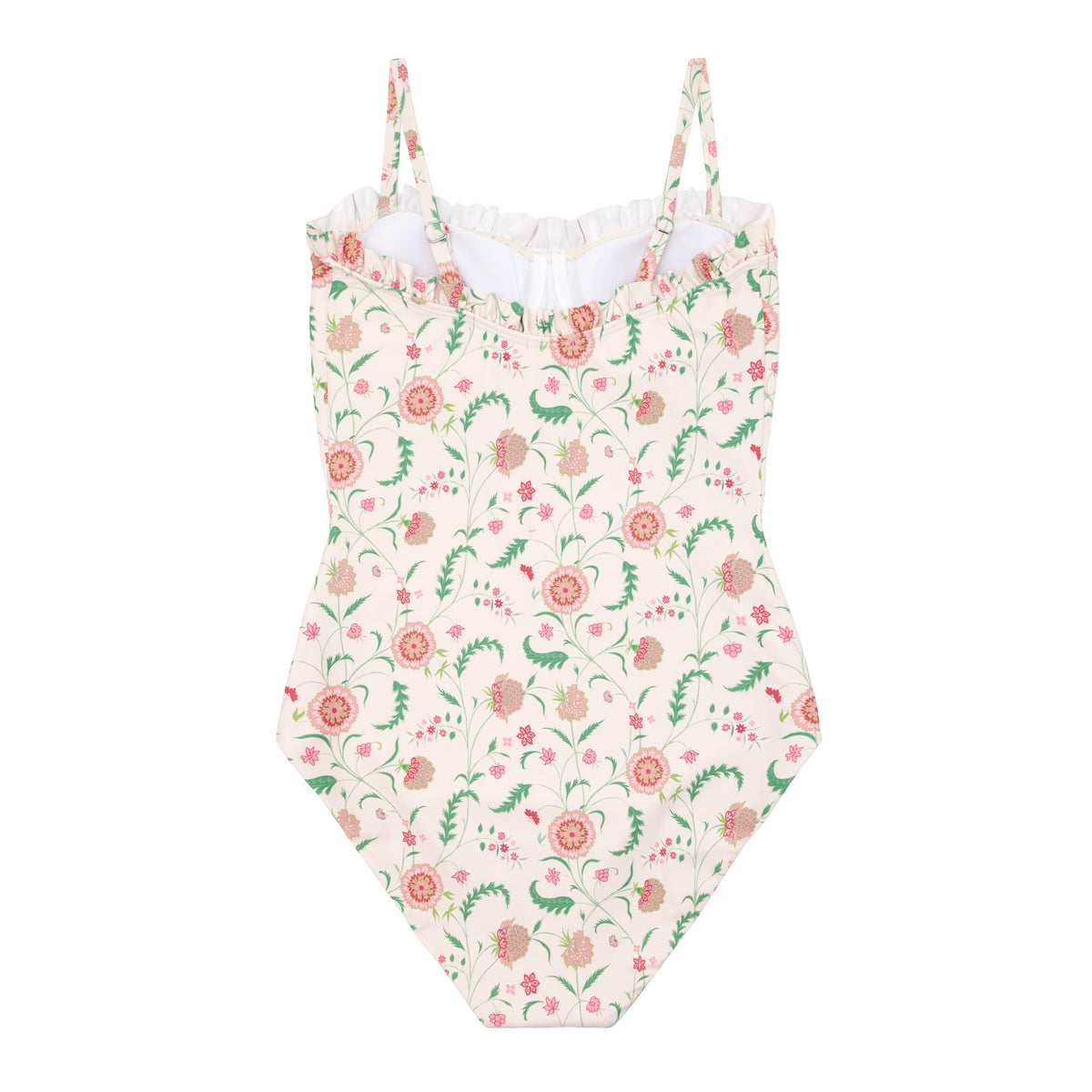 Front view of Minnow x Sister Parish Women’s Cloister Botanical Ruffle One Piece, floral print on white