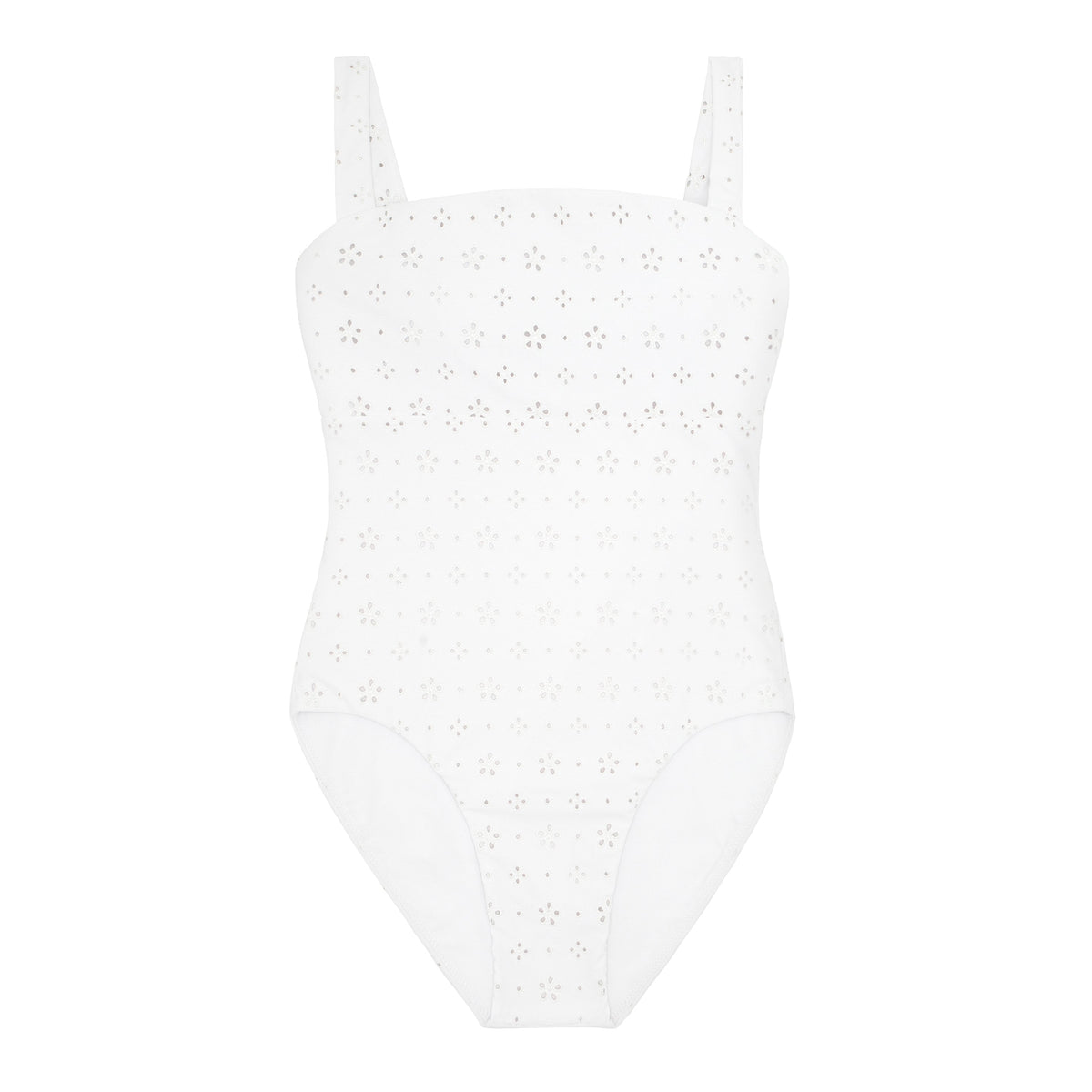 Front view of Women’s White Eyelet One Piece showcasing eyelet detailing and padded top against a white background