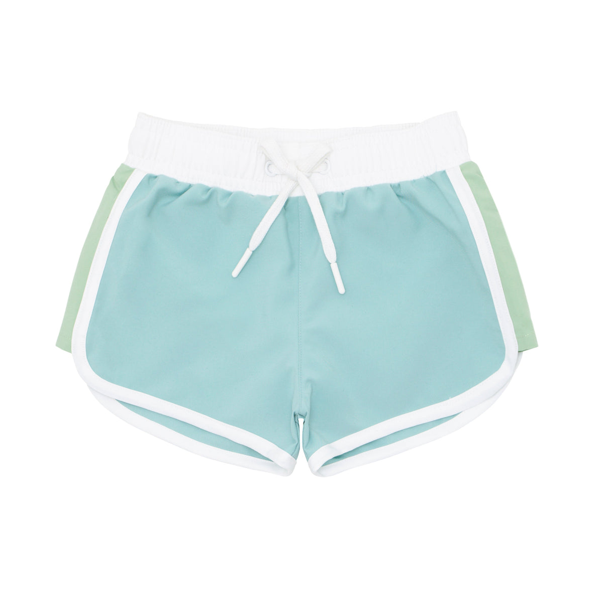 Front flat lay of Boys Sea Boardie showing sea blue color, white waistband and trim, and green side panels on white