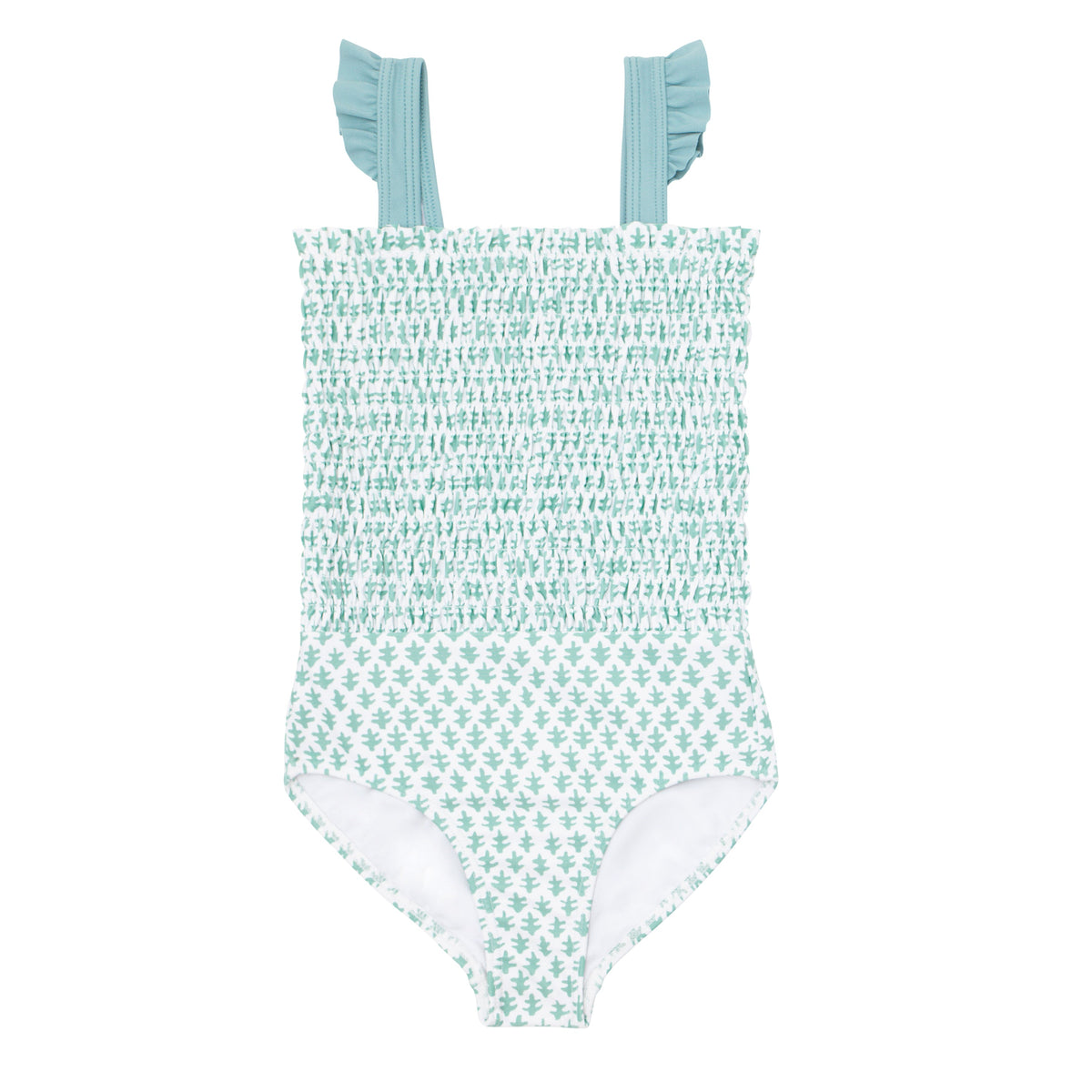 Front view of Girls Sea Leaf Smocked One Piece with ruffled straps, smocked bodice, and sea leaf print