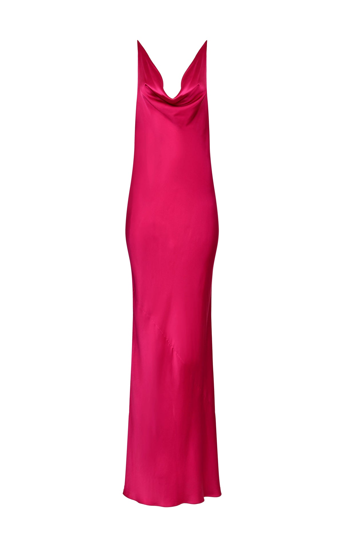 Front view of Venice Fuschia Silk Slip Dress showcasing its slinky drape and fuschia silk fabric against a white background