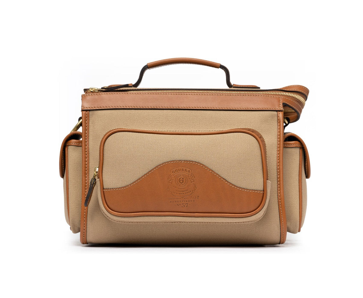 Front view of Rangefinder No 57 camera bag in khaki twill with chestnut leather trim, zip pocket, top handle and pockets