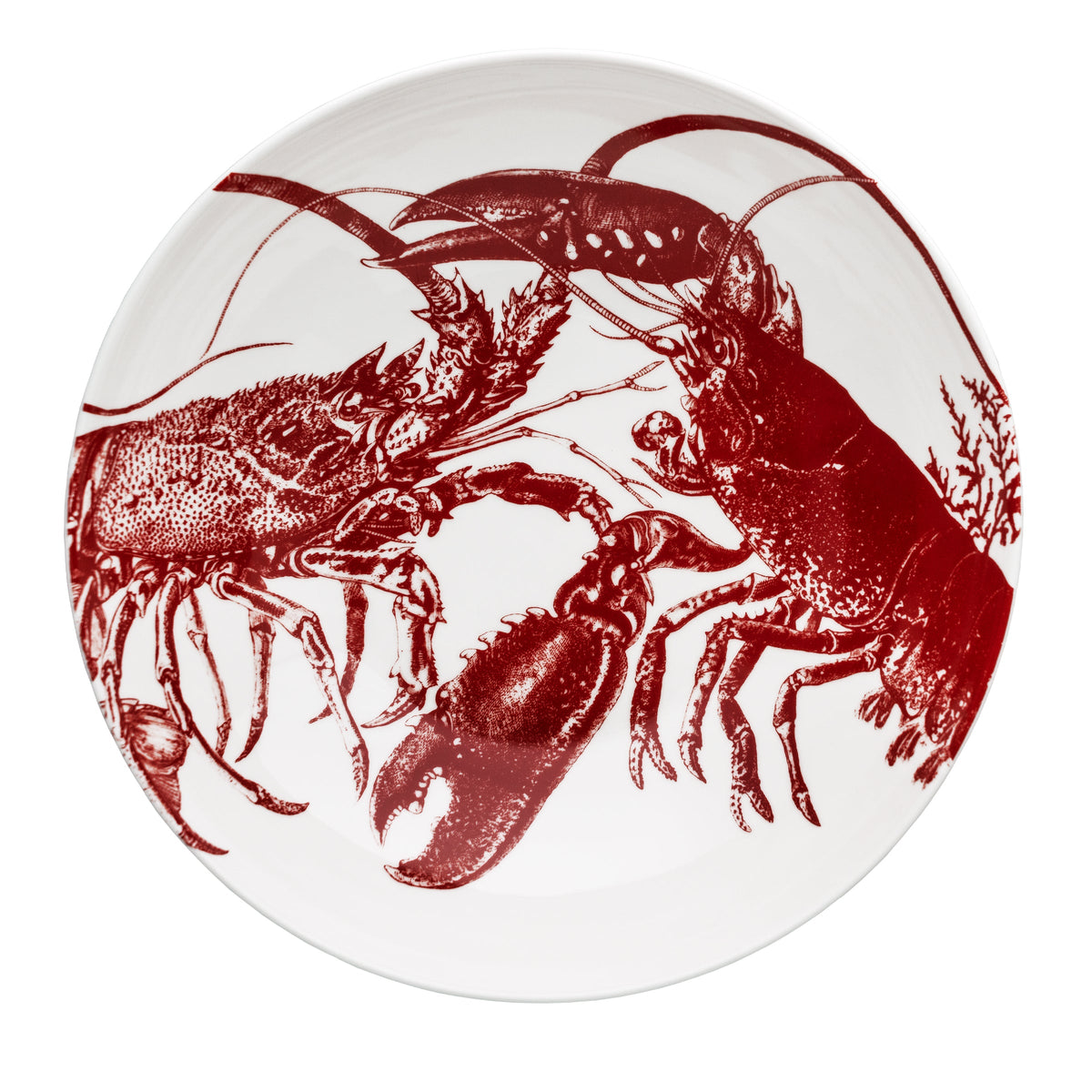 Overhead view of Lobster Wide Serving Bowl Red showcasing hand-drawn red lobsters on creamy white porcelain