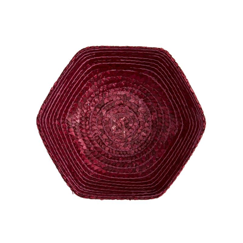 Top view of Small Raffia Basket in Dark Red showcasing its woven texture on a white background