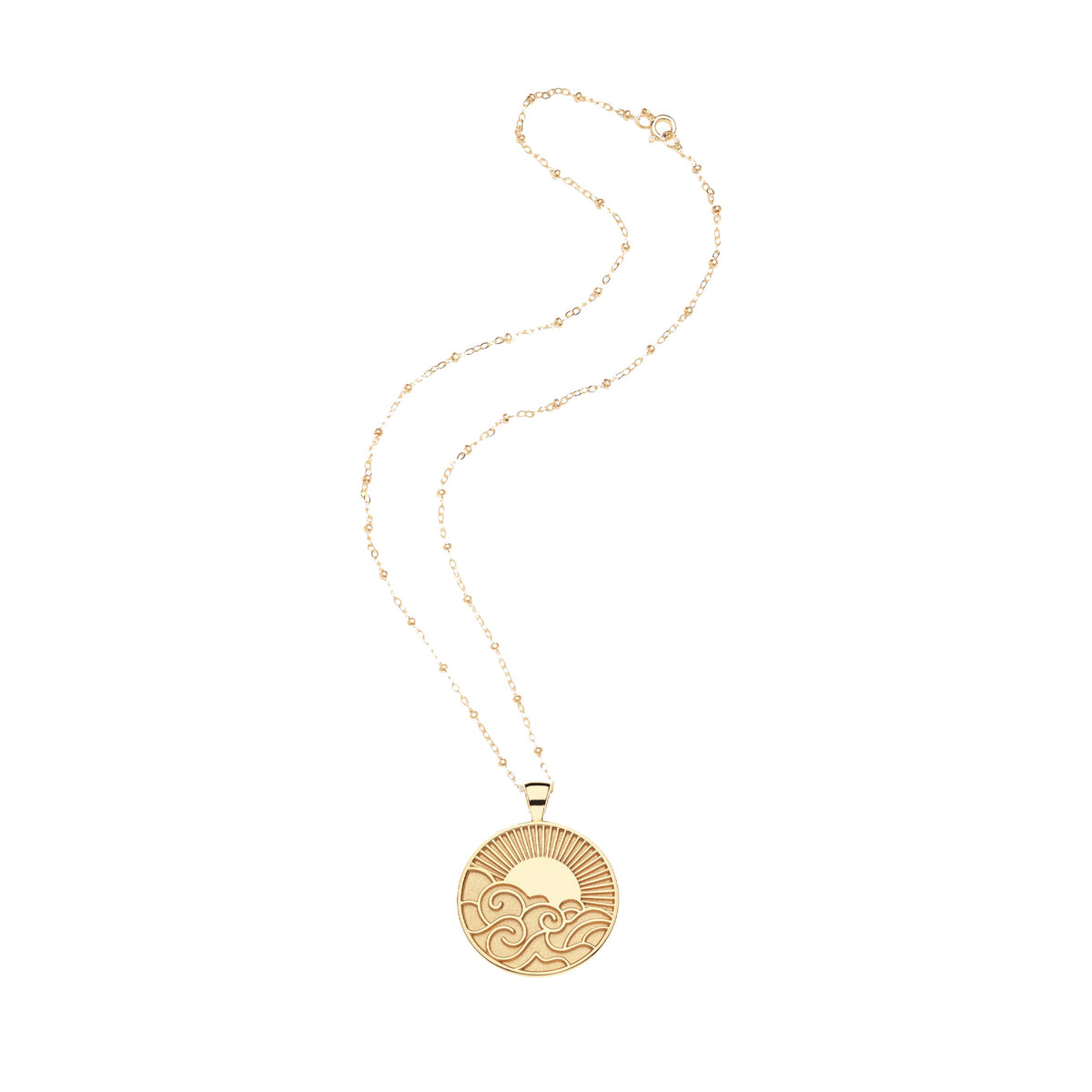 Front view of Wanderlust JW Original Pendant Coin Necklace showcasing sun and wave coin pendant on white background