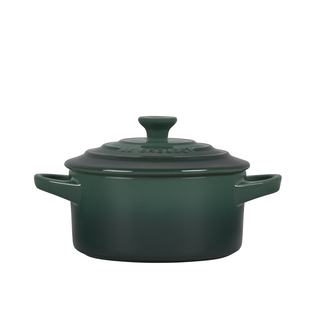 Front view of Mini Round Cocotte showing lid knob and side handles in artichaut green on white background