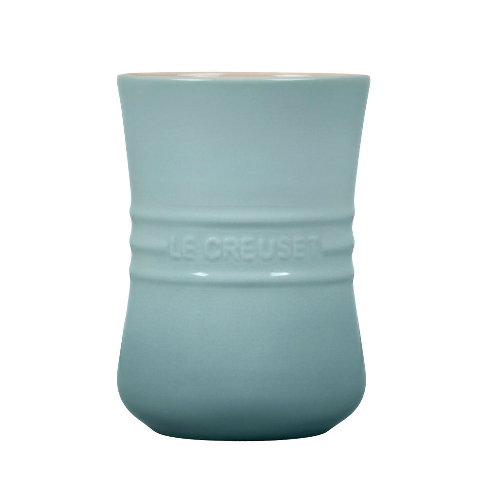 Front view of Utensil Crock in Sea Salt showcasing its enamel finish and embossed Le Creuset logo on a white background