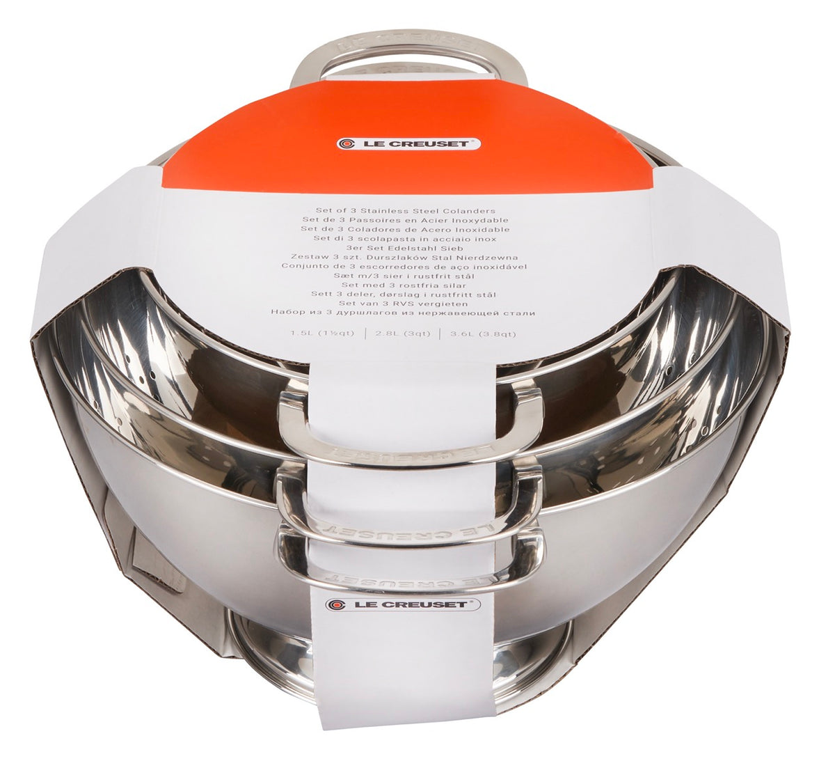 Front view of Set of 3 Stackable Colanders, nested with loop handles and perforated sides on white background