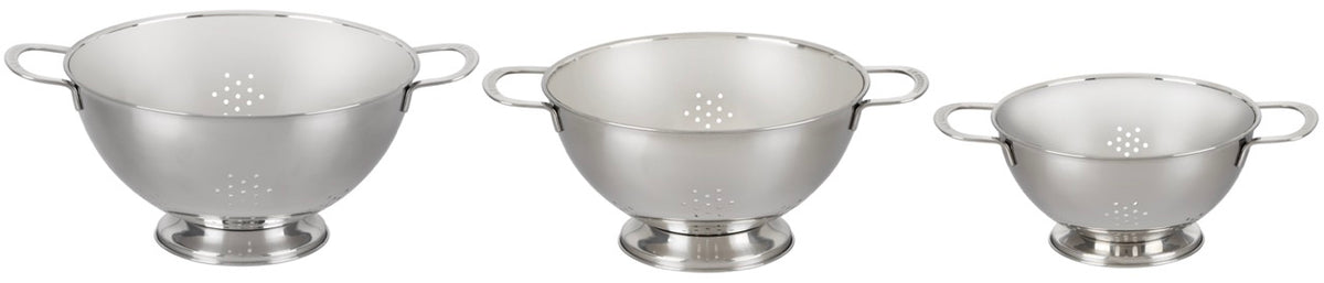 Front view of set of 3 stackable colanders showcasing stainless steel perforated bowls and pedestal bases on white background
