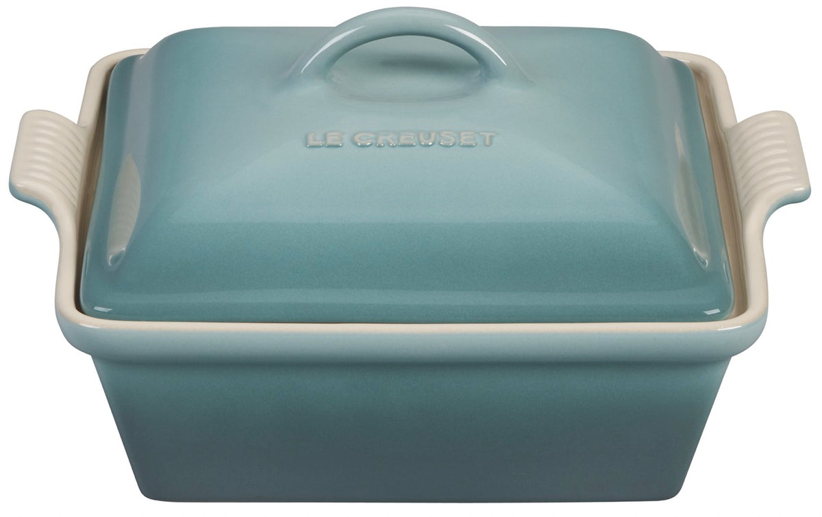 Front view of Heritage Covered Square Casserole in Sea Salt showcasing covered design and grooved side handles on white background