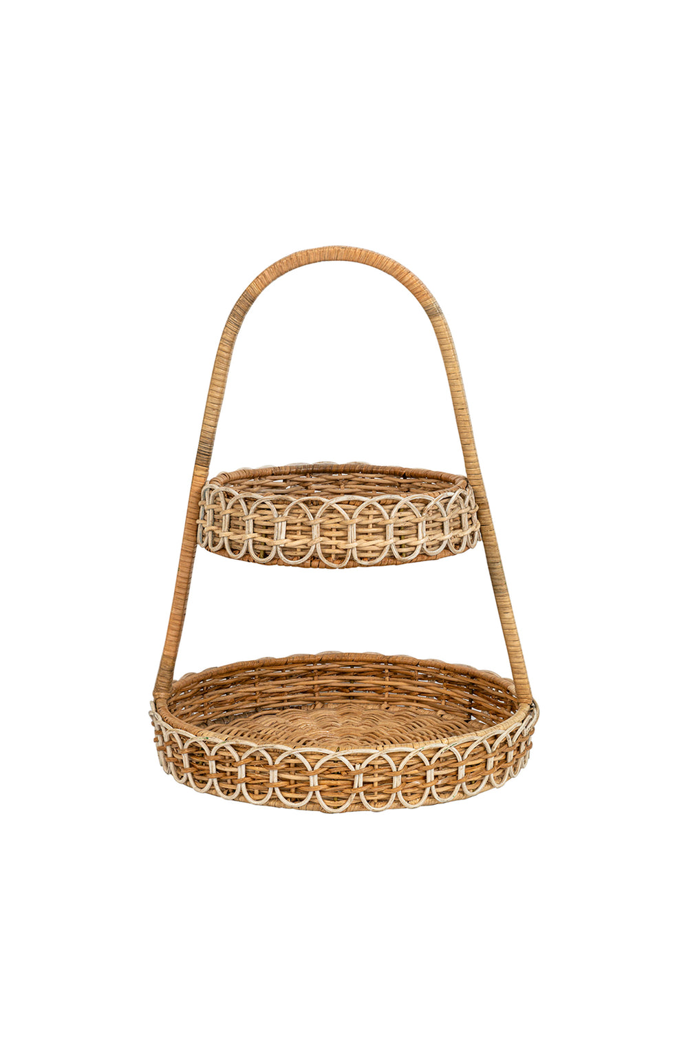 Front view of Provence rattan two-tiered server showcasing woven rattan, whitewashed trim, and arched handle on white background