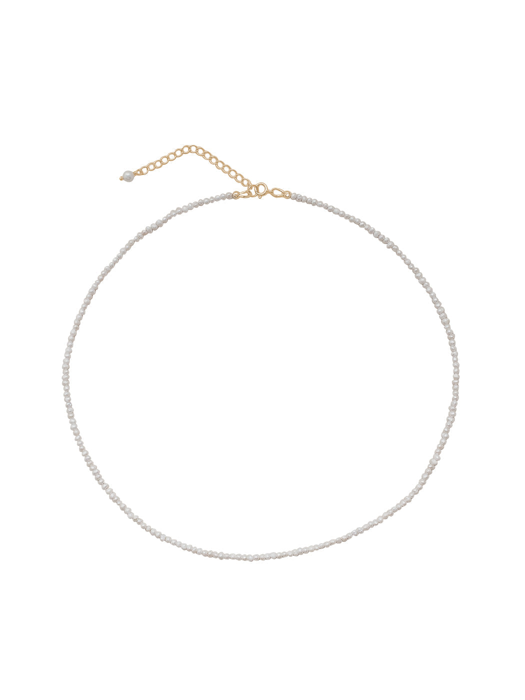 Top-down view of Rue Necklace in white showing delicate freshwater pearl chain and gold-filled extender on white background