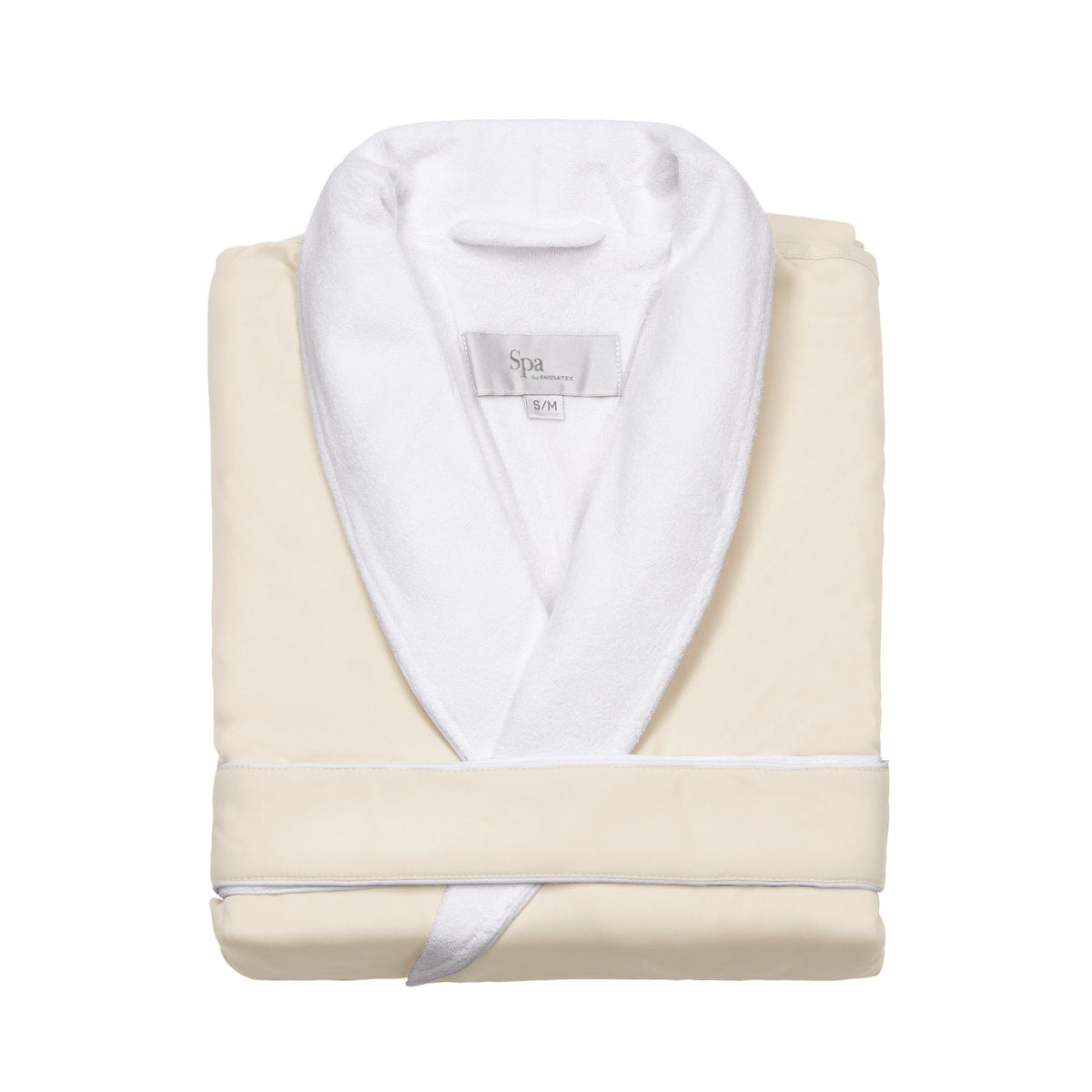 Folded front view of Spa bathrobe in bone showcasing white terry shawl collar, visible Spa label and belt on white background