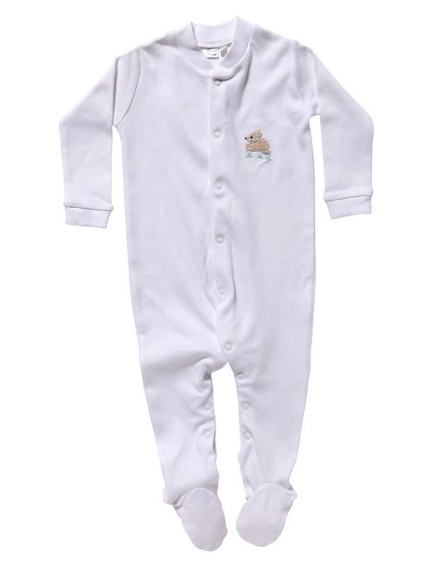 Front view of white baby footie with feet, long sleeves, front snaps, and small embroidered bunny on white background