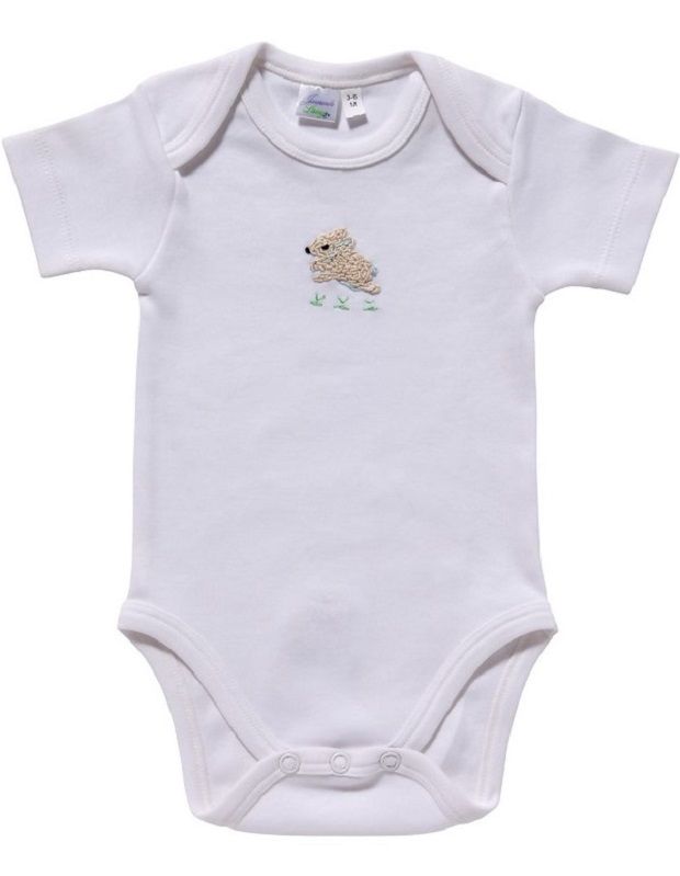 Front view of short sleeve baby onesie showcasing embroidered running bunny and three snap closures on white background