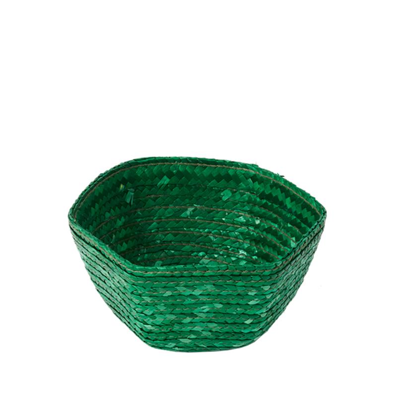 Front view of the Small Raffia Basket in Green showcasing its deep green woven straw construction against a white background