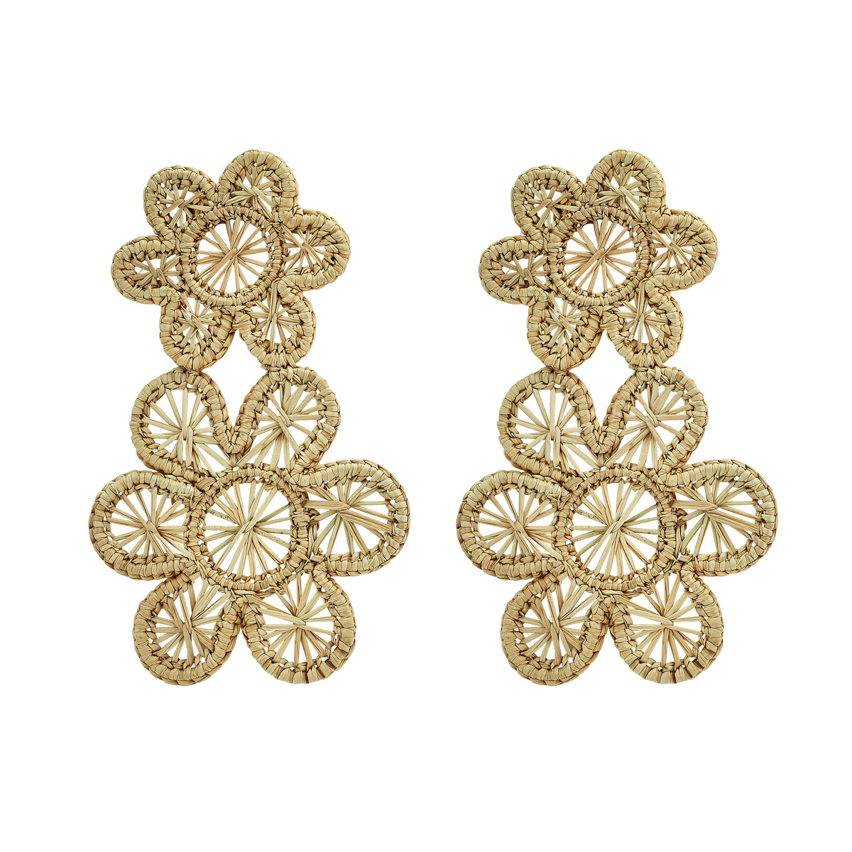 Front view of Rattan Bloom Earring showcasing layered rattan flowers with a white background