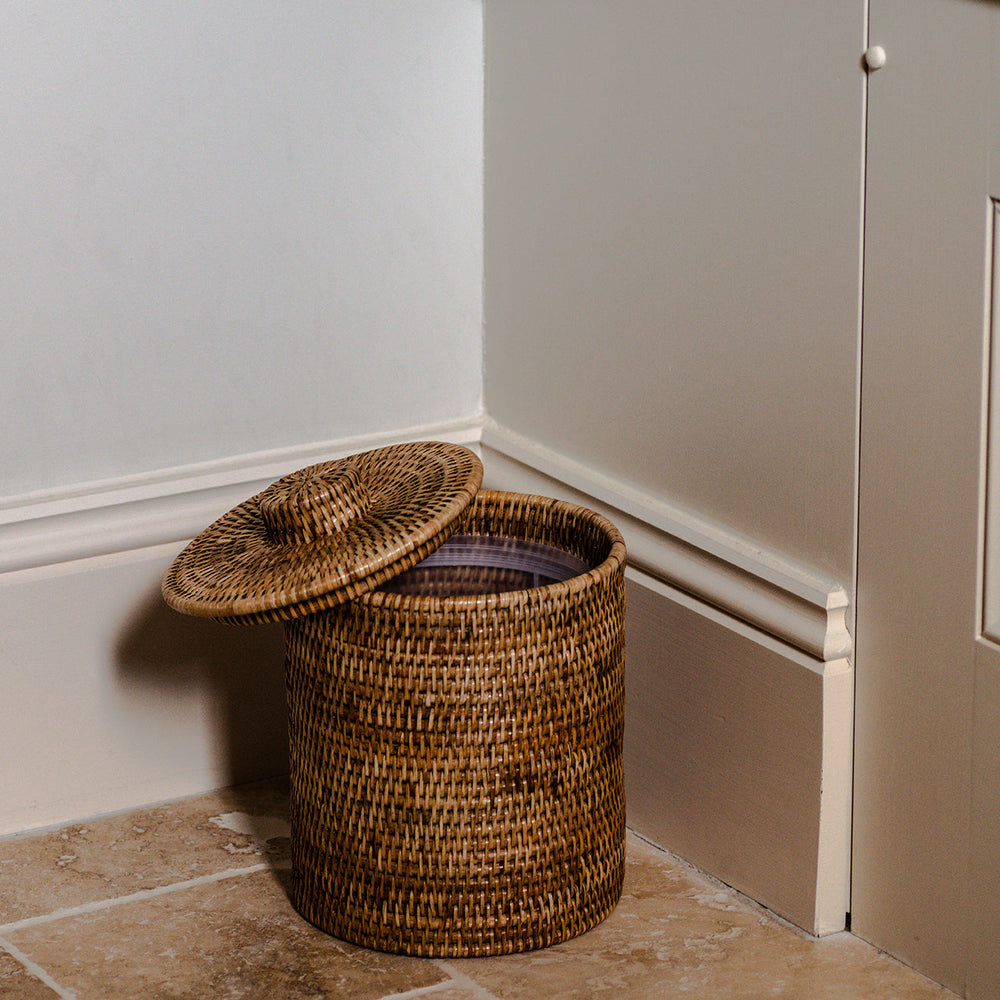 Rattan Bathroom Bin, Rustic White | REBECCA UDALL | Over The Moon