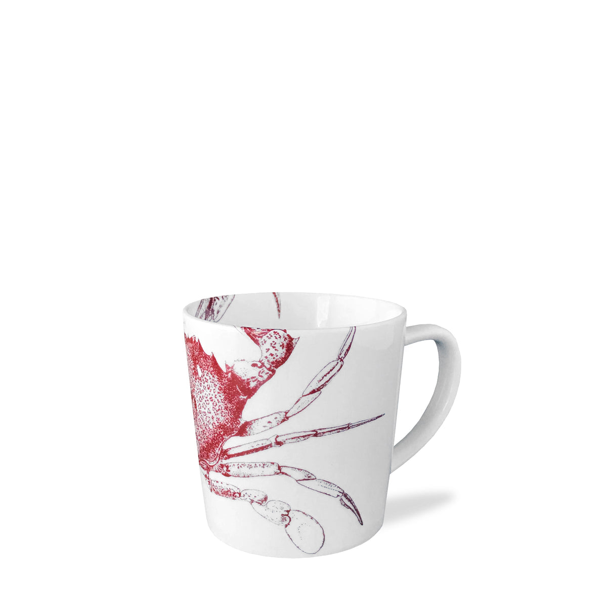 Front view of Crab Red Mug showcasing delicately rendered red crustaceans and side handle with white background
