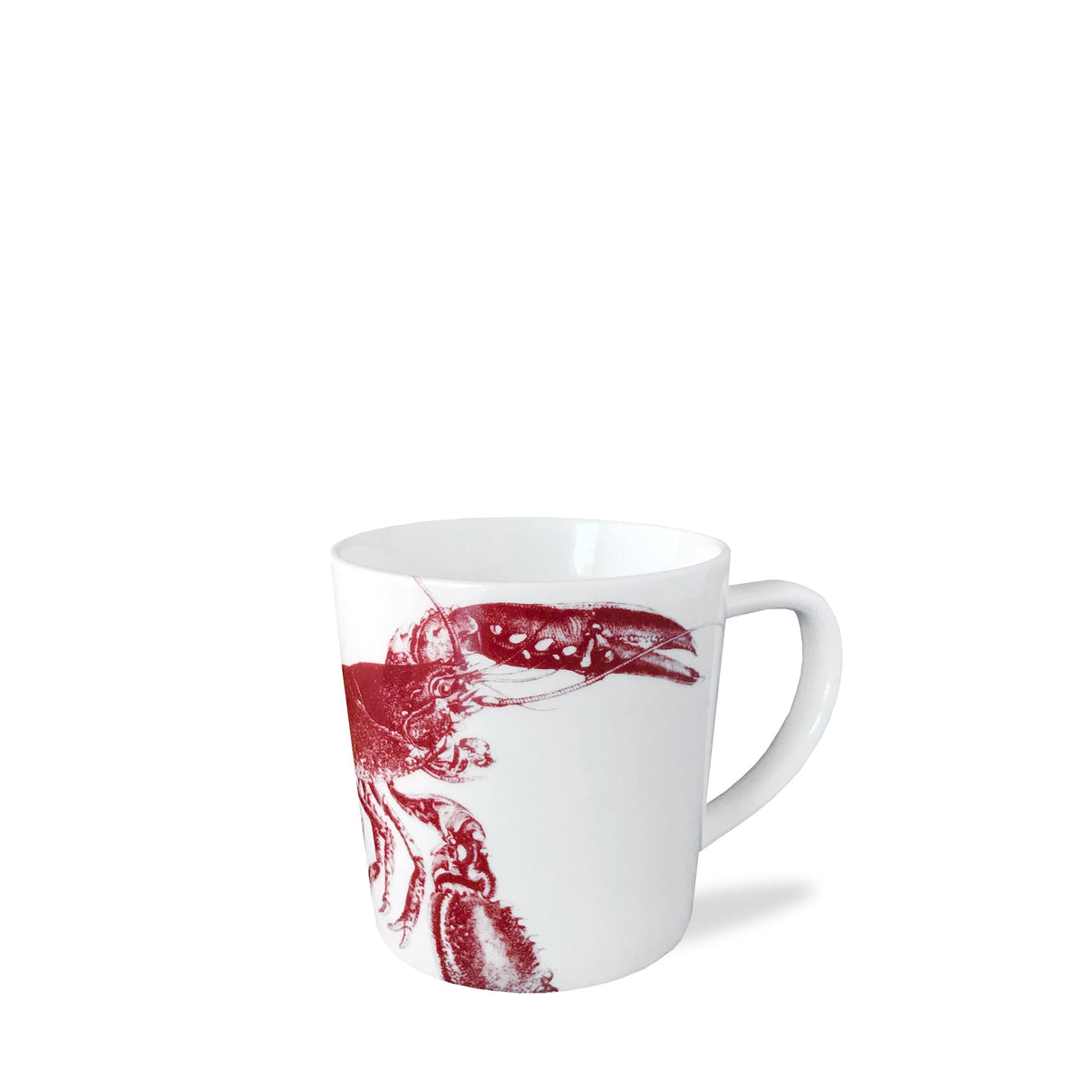 Front view of Lobster Mug Red showcasing red lobster illustrations on white porcelain with a white background