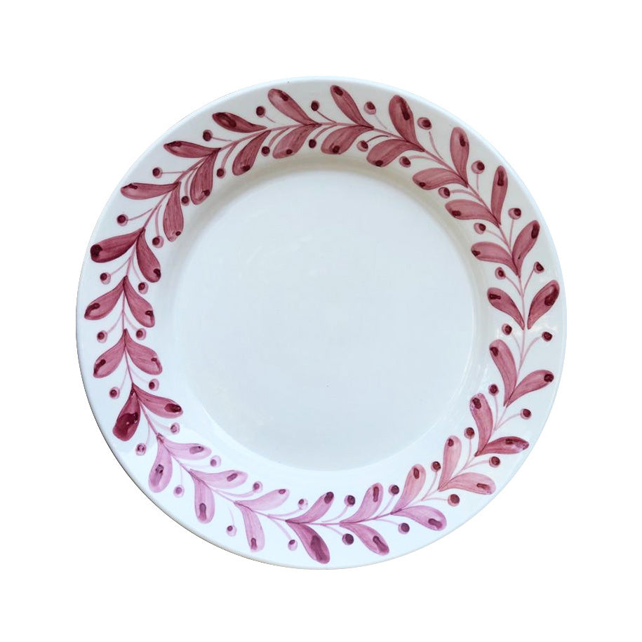 Front view of Anna Rose Dessert Plate showcasing hand-painted red floral trim with a white background