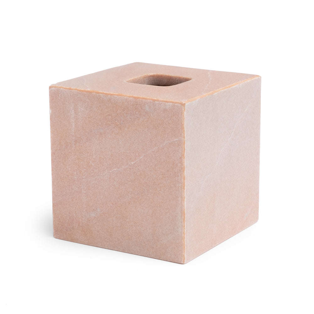 Angled view of Rossa tissue holder showing dusty rose marble cube with square top tissue opening on white background