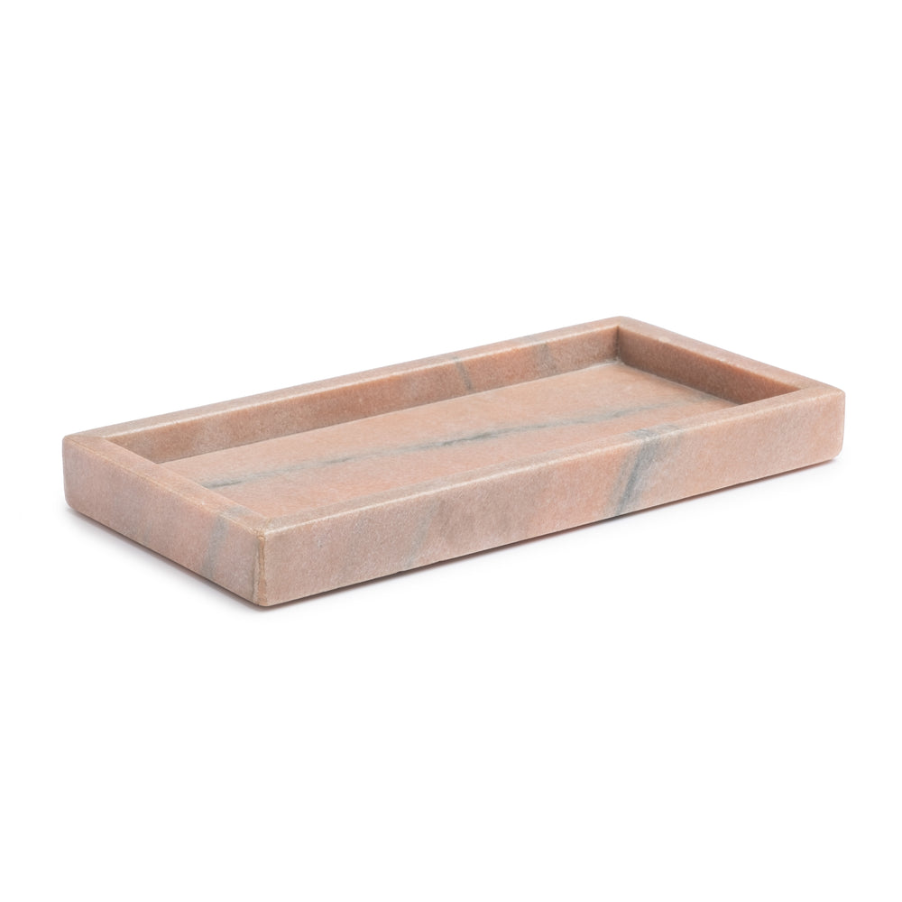 Angled front view of Rossa marble tray showcasing dusty rose color and gray veining on a white background