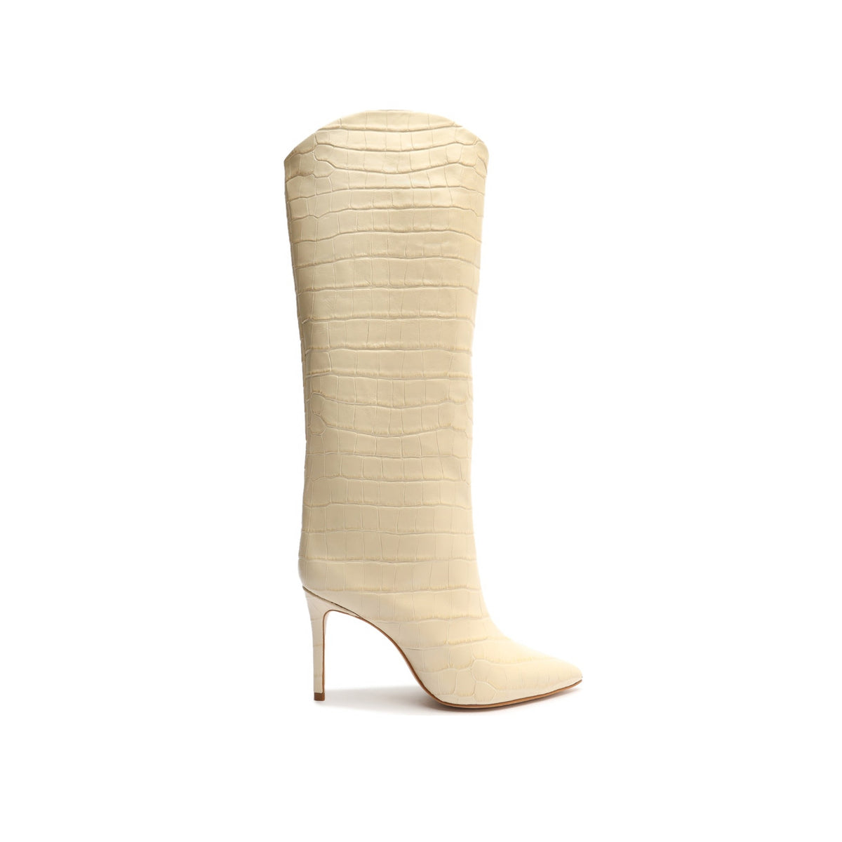Side view of Maryana crocodile-embossed leather boot in eggshell showcasing pointed toe and stiletto heel on white background