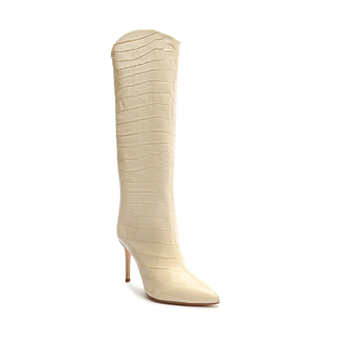 Side view of Maryana Crocodile-Embossed Leather Boot in Eggshell showcasing crocodile-embossed leather, pointed toe, and 3.5-inch stiletto heel on a white background