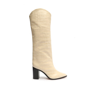 Maryana Block Crocodile-Embossed Leather Boot in Eggshell