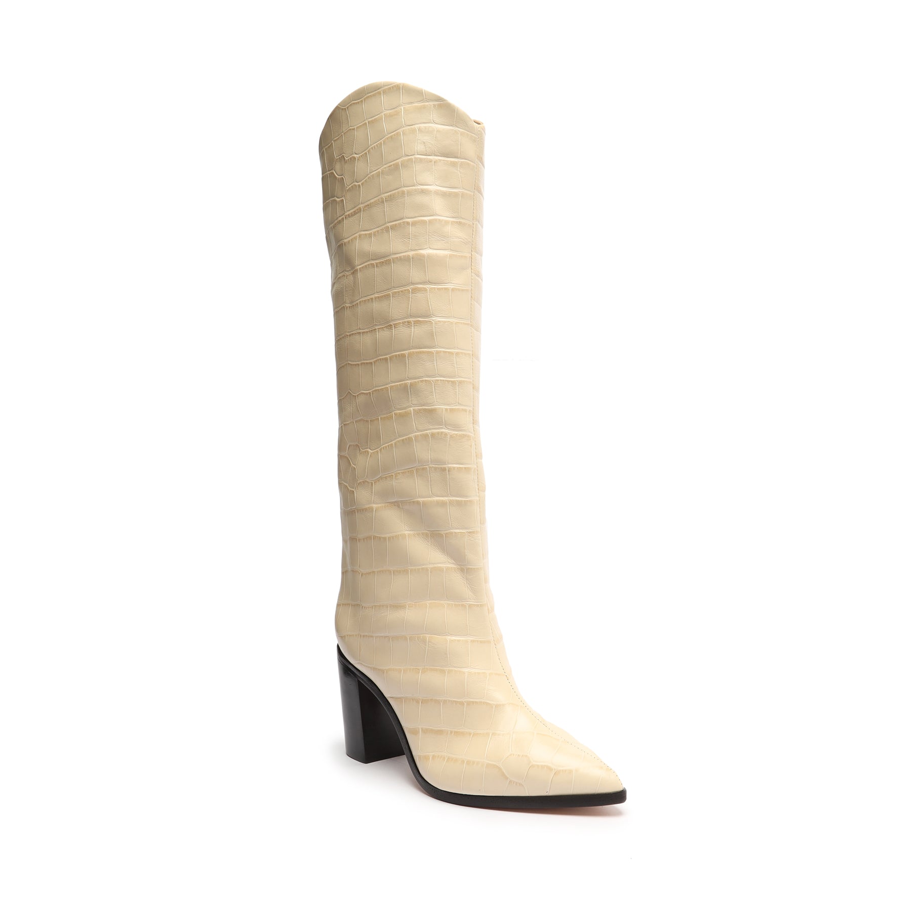 Maryana Block Crocodile-Embossed Leather Boot in Eggshell