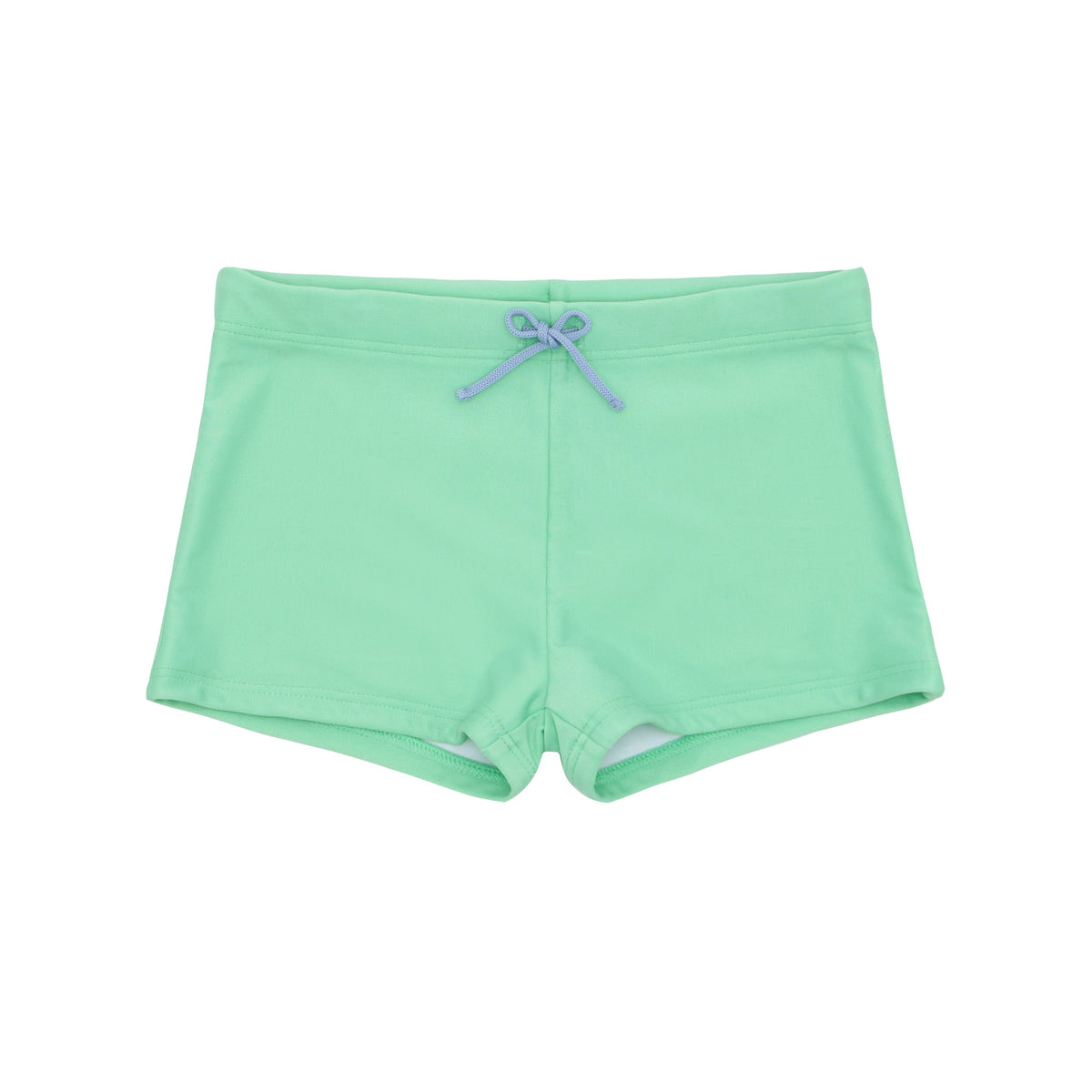 Front view of boys’ palm green brief with lavender drawstring on white background