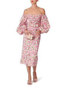 Off-The-Shoulder Midi Dress in Pink Floral