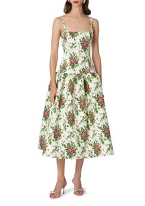 Drop Waist Full Midi Dress in Ivory Floral