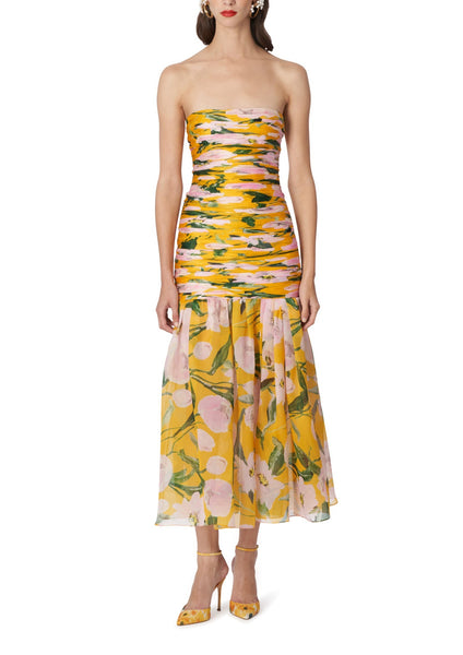 Strapless Gathered Bodice Midi Dress in Yellow Floral | Over The Moon
