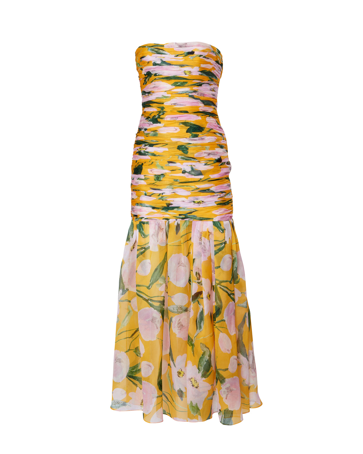 Strapless Gathered Bodice Midi Dress in Yellow Floral