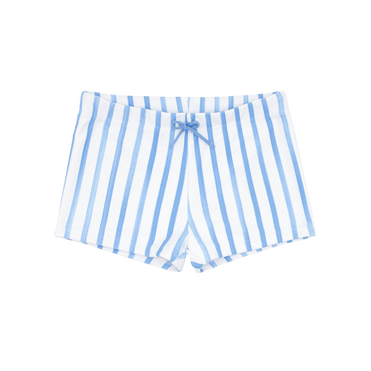Front view of Boys Bahamian Blue Stripe Brief showcasing blue and white stripes and drawstring cord with white background