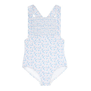 Girls Briland Blue Botanic Smocked Crossover One Piece